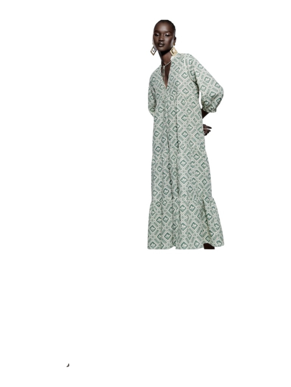 Zara Green Geometric Tiered Midi Dress Sz. S - Picture 9 of 11